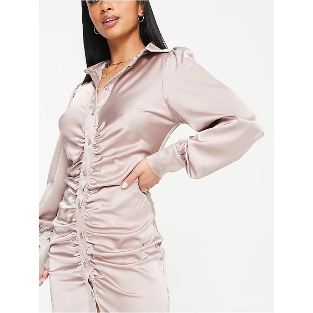 HYFVE Ruched Satin Mini Shirt Dress Size M Mauve Pink